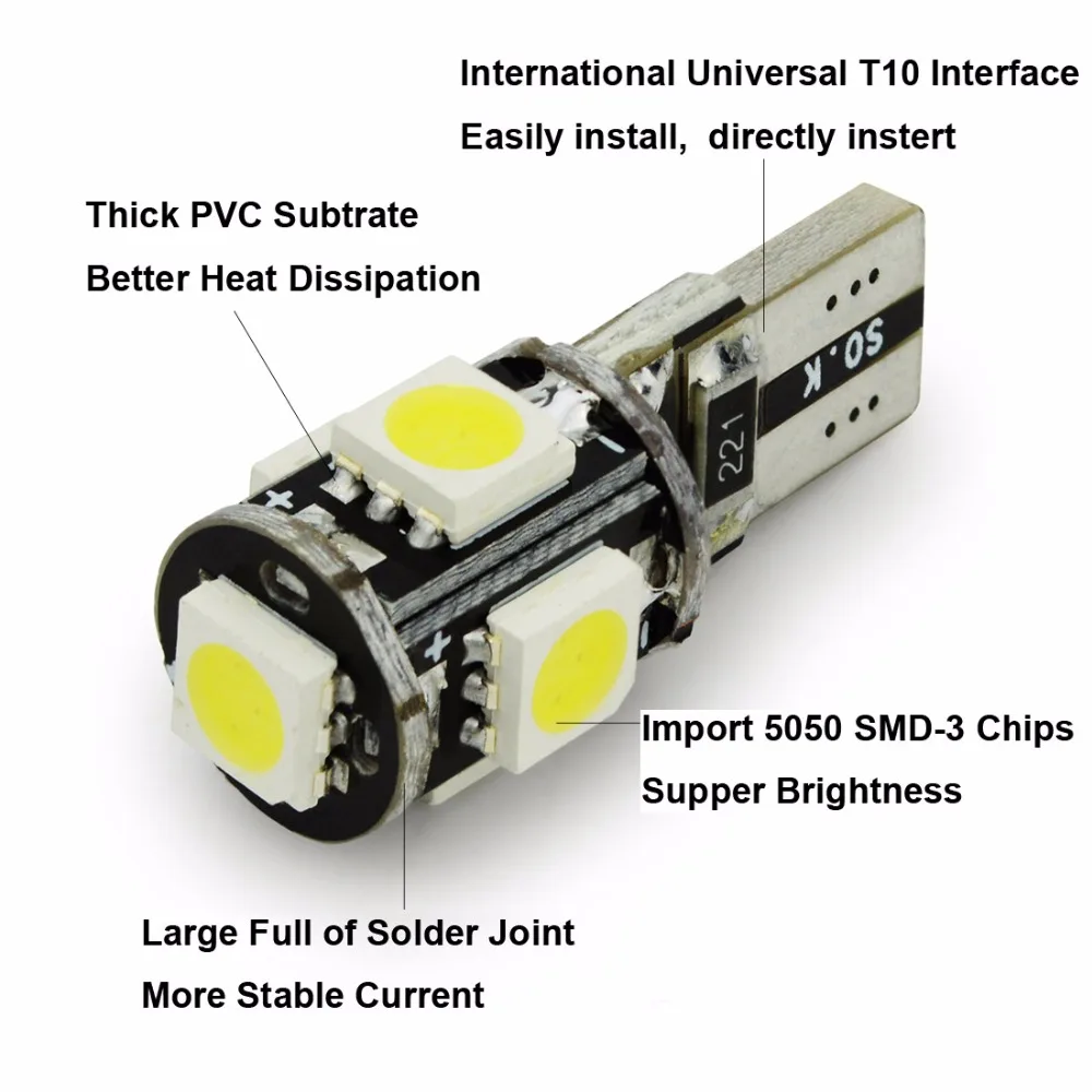 Safego 10 шт. светодиодный T10 CANBUS 5SMD 5050 194 168 2825 W5W Canbus 501 белый боковые зеркала