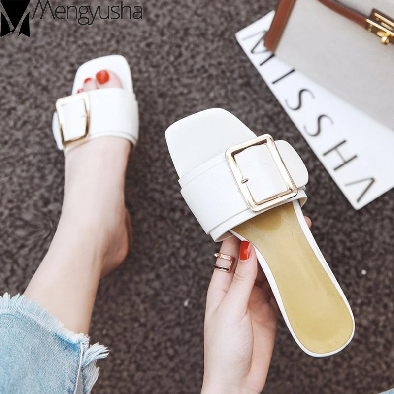 Шлепанцы женские с квадратным носком сланцы на толстом каблуке металлический