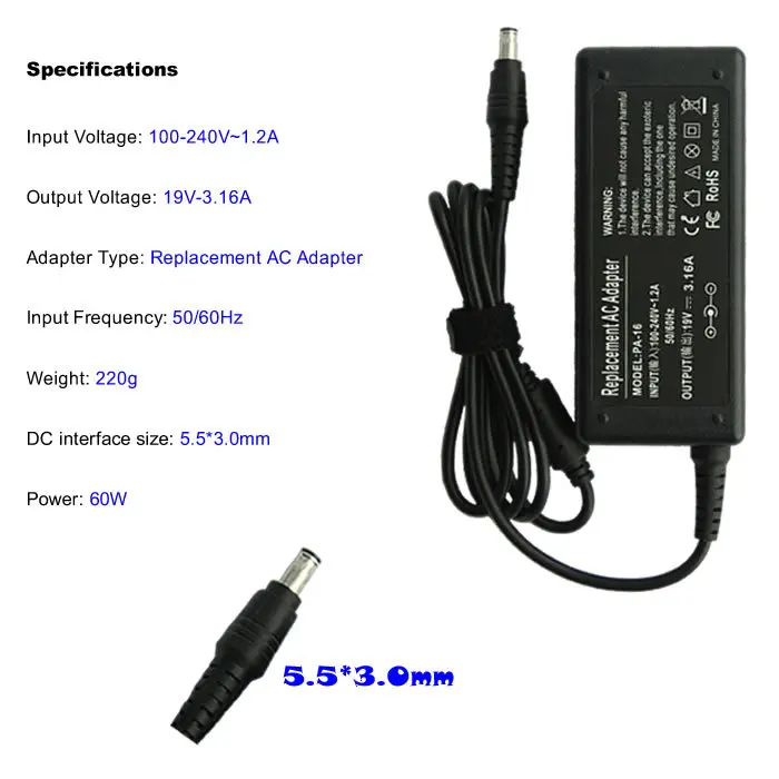 Замена 19 В 3.16A 5.5*3.0 ММ 60 Вт Для Samsung R429 R428 RV415 RV420 RV515 R522 R530 R540 R510 Ноутбук AC Зарядное