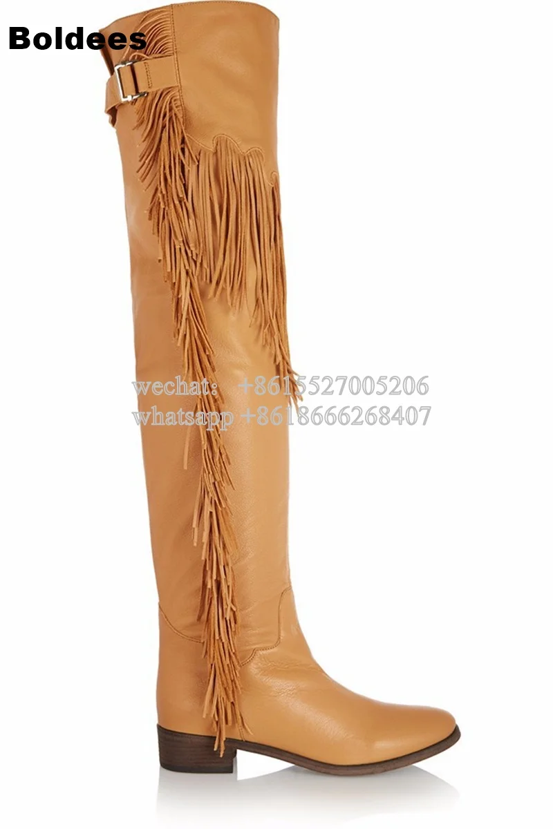 Fashion Yellow Designer Back Buckle With Tassel Leather Over The Kness Boot Women Fringe Gladiator Round Toe Long Boots
