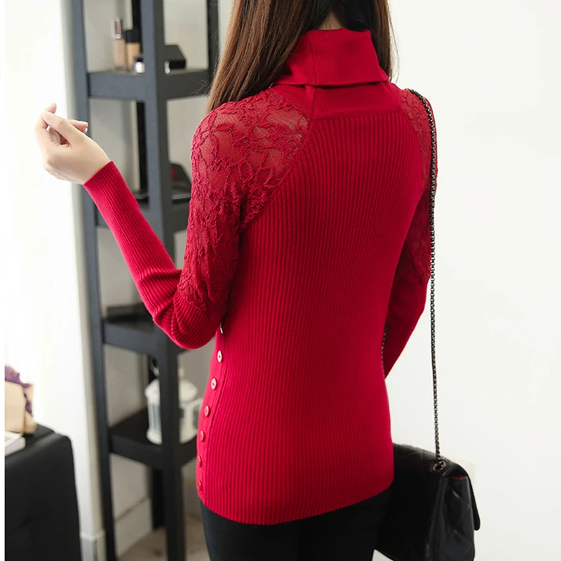 Autumn Winter Women Turtleneck Sweater New Lace Panel Long Sleeve Pullover Pull Knit Bottoming Shirt Elegant Female Tops | Женская