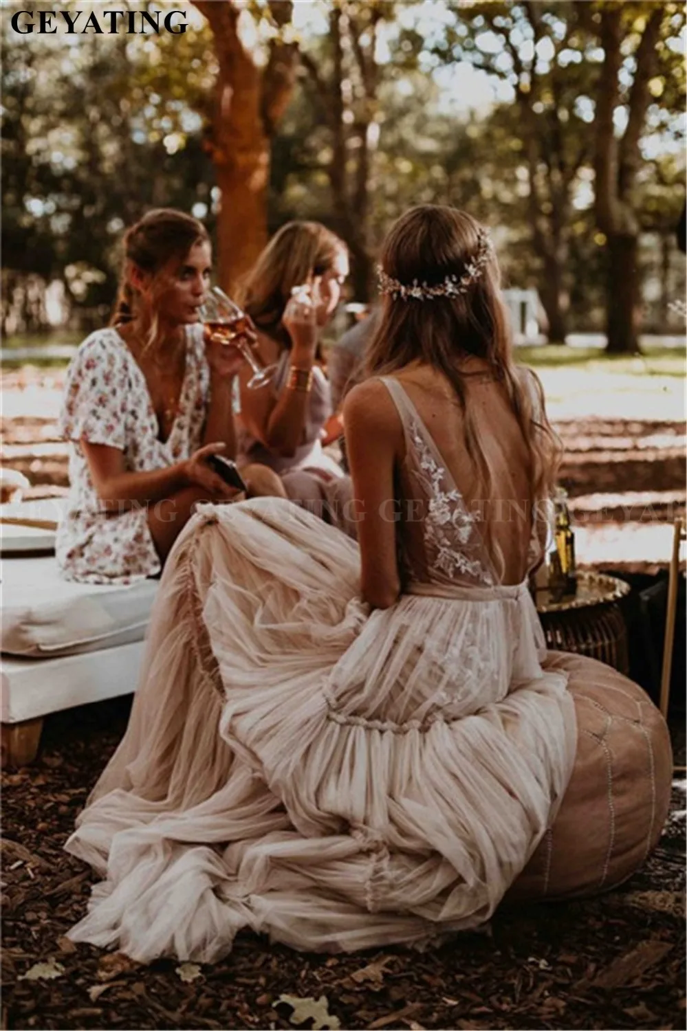 Vestidos Novia винтажные кружевные аппликации свадебное платье цвета шампань Boho пляжные свадебные платья сексуальные глубокий v-образный вырез с открытой спиной Robe de Mariee