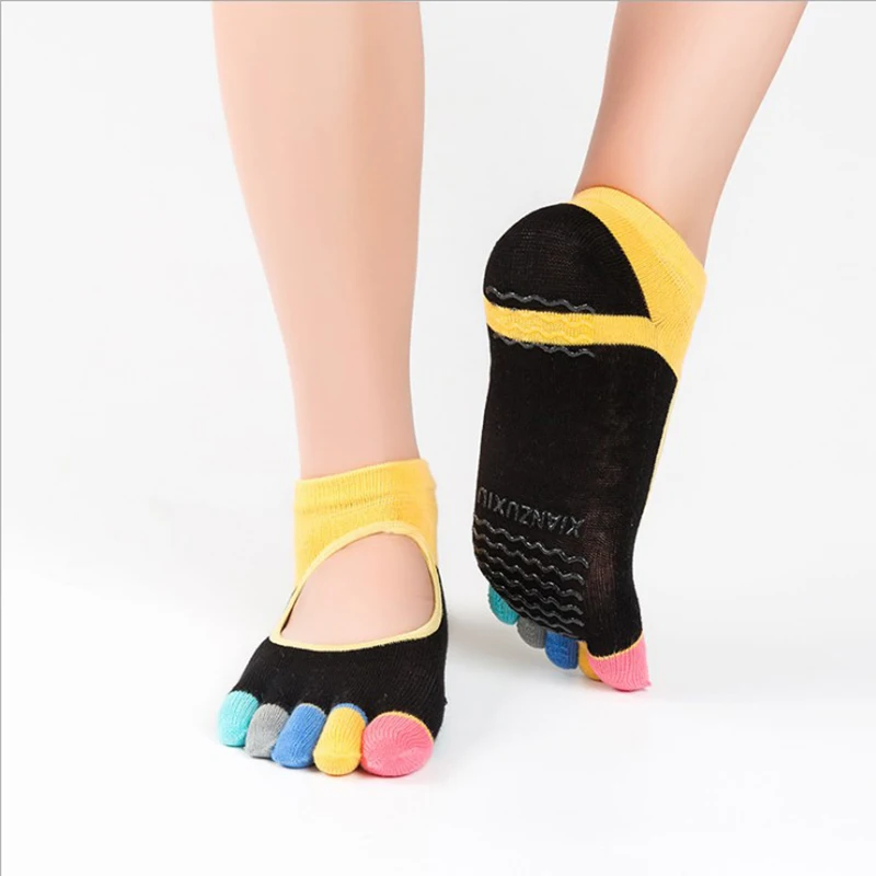 Colorful Calze Yoga Socks Women Athletic Wear Cotton Five Toe Non slip Fitness Pilates Rubber Dance Sox 3 pairs/lot | Спорт и