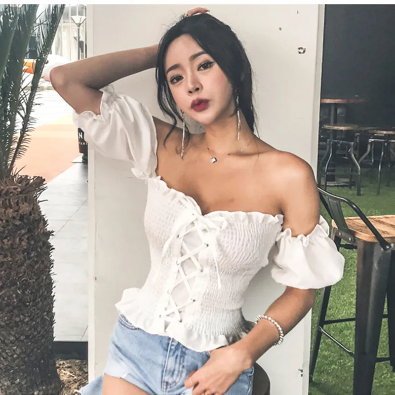 2019 New Arrival Boho Sexy Summer Crop Top Womens Tops and Blouses Puff Sleeve Off Shoulder Lace Up Beach Shirt blusa feminina