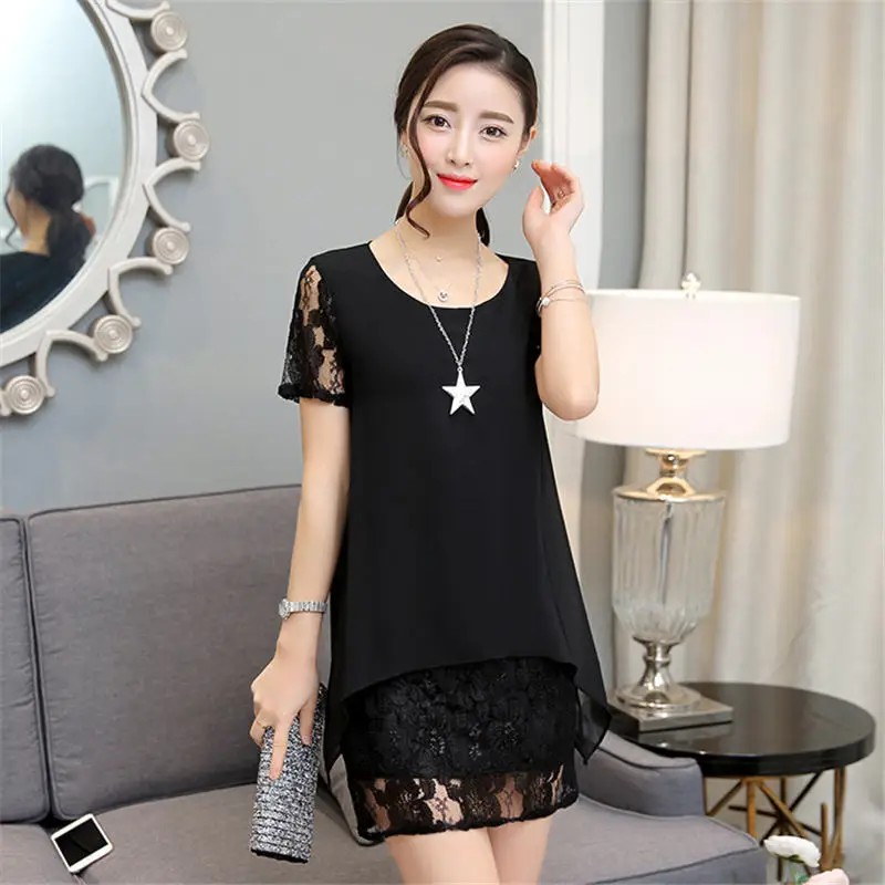 Black Летнее женское свободное платье с коротким рукавом, модное, плюс размер, 5XL, женская одежда, повседневные Мини платья, женские кружевные платья Z529 - Цвет: Black