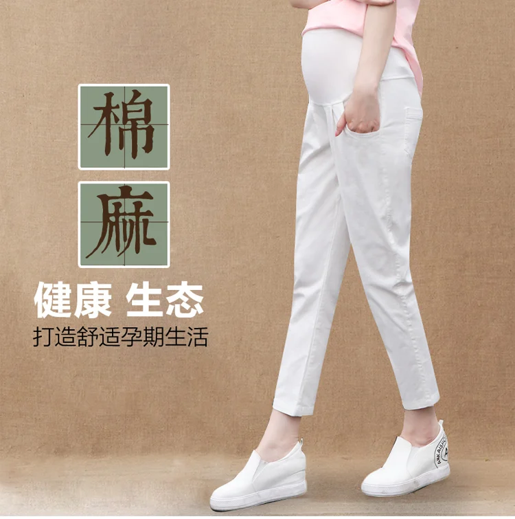 Брюки для беременных женщин Весна и осень тонкая одежда хлопок лен брюки живота