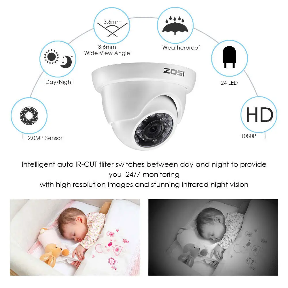 ZOSI 1080P 2MP 16 канальный CCTV система TVI рекордер DVR комплект купольная пуля водонепроницаемый видео ИК фильтр ночного видения наружная камера