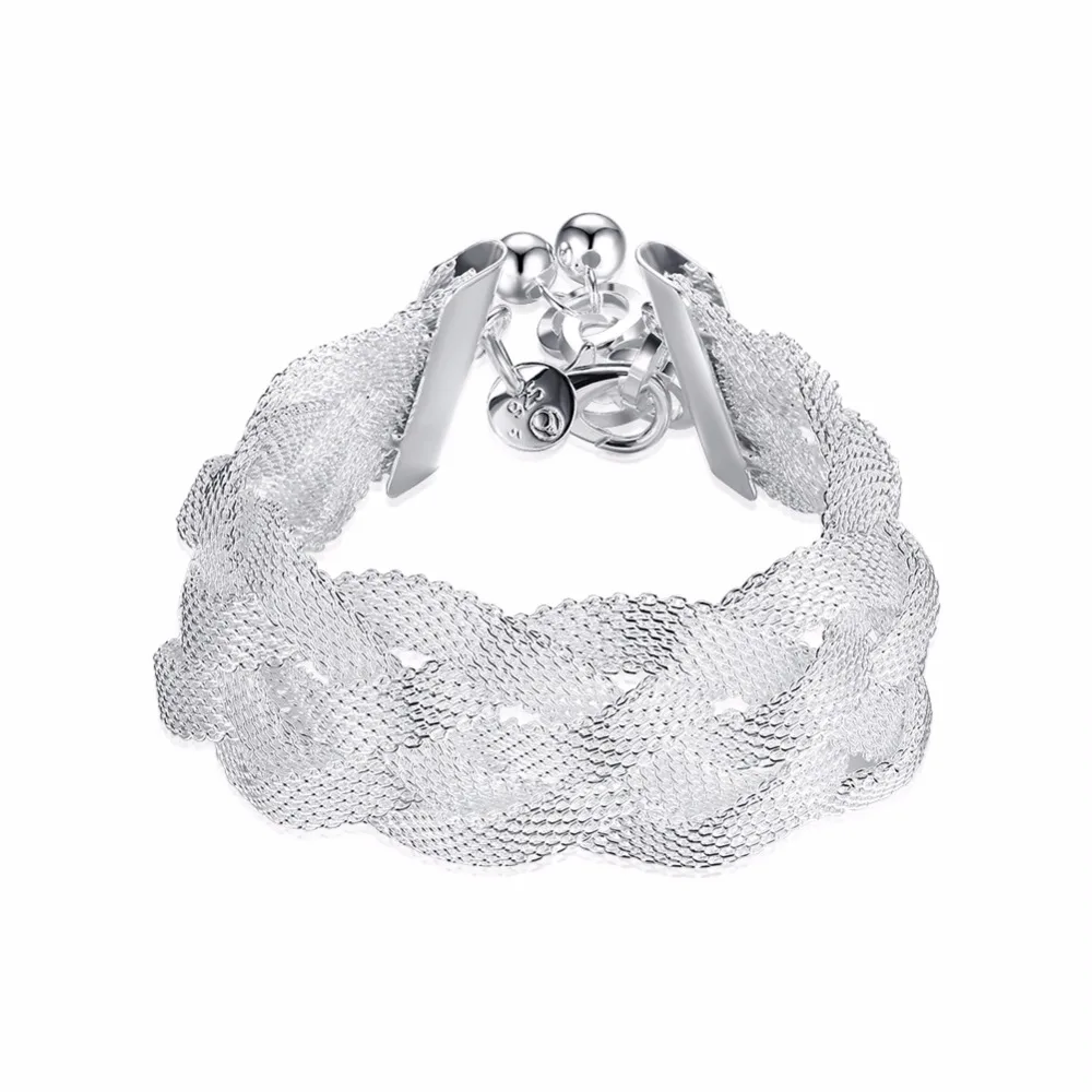Women's jewelry 925 stamped silver plated fashion charm 8'' wide 25mm Cross Mesh chains bracelets gift pouches free shipping |