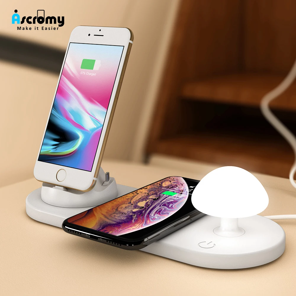 Ascromy, 3 в 1, Быстрое беспроводное зарядное устройство, ночная лампа для iPhone, samsung, Android, микро-тип C, гриб, светильник, Qi, Беспроводная зарядка