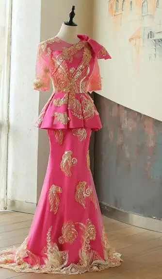 ASO ebi Русалка Длинные Вечерние платья с золотыми аппликациями в африканском стиле Вечерние платья Половина рукава марокканской кафтан Турецкий вечернее платье - Цвет: Красный