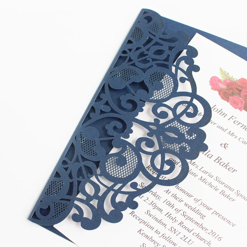 Элегантные карманные приглашения в три раза темно синие лазерные вырезы