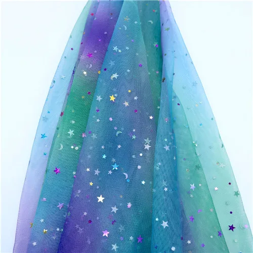 Star-blue 5m/lot 1.5m Width Rainbow Moon&star&love Heart Mesh Fabric Gauze Tulle Tissue Kids Tutu Dress Fabric DIY Sewing Accessories - Цвет: Star-blue