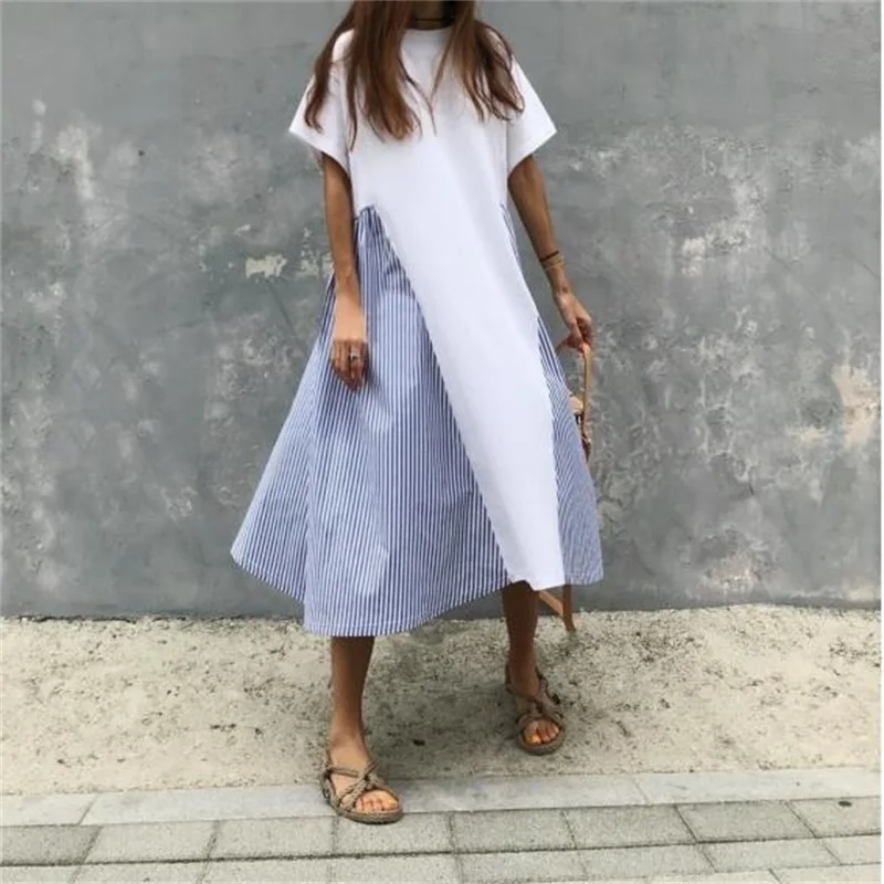 Новинка 2019 летнее хлопковое повседневное платье корейское строченное Полосатое