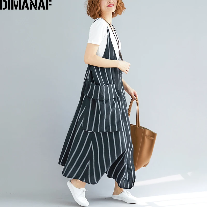 DIMANAF, женское платье, летнее, размера плюс, Femme, сарафан, без рукавов, льняное, в полоску, черное, женское, элегантное, Vestido, длинное платье, тонкая одежда