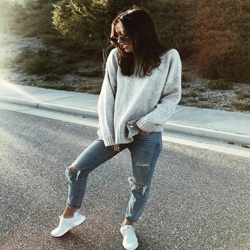 Для женщин мохер пушистый Твердые серый вязаный свитер с длинным рукавом О