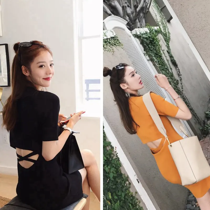 Женское трикотажное мини платье с круглым вырезом и коротким рукавом в Корейском