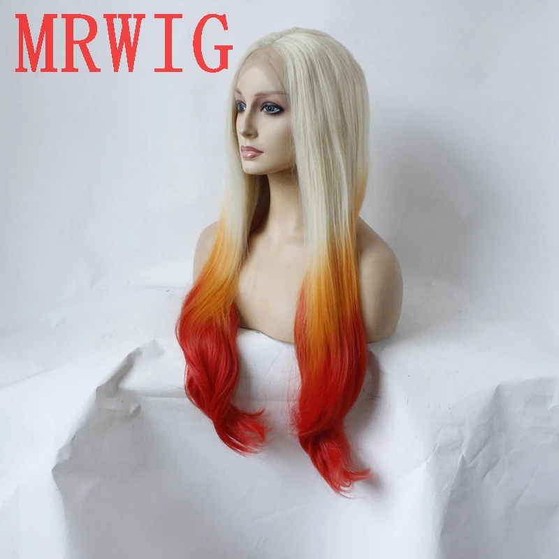 MRWIG настоящий рис #613/Желтый/Красный Длинный натуральный волнистый синтетический