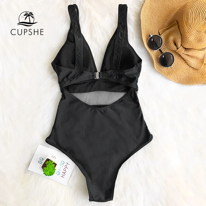 Купальник CUPSHE Женский черный сетчатый с треугольным вырезом монокини 2020|swimwear