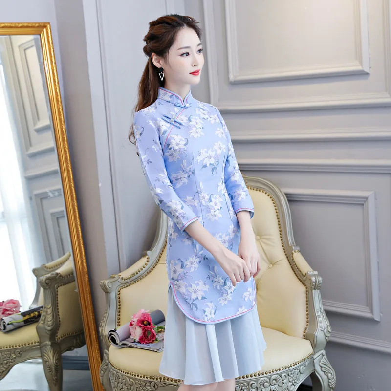 Высококлассное жаккардовое переплетение Cheongsam китайское модное китайское традиционное платье Qi Pao Восточный стиль платья с вышивкой Qipao зима - Цвет: Jfish tail blue
