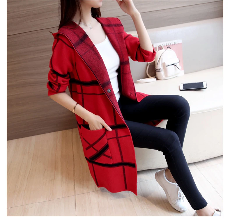 2020 New Autumn Winter Hooded Plaid Women Sweater Coat Long sleeve Medium long Knitted S-XL SES480 |