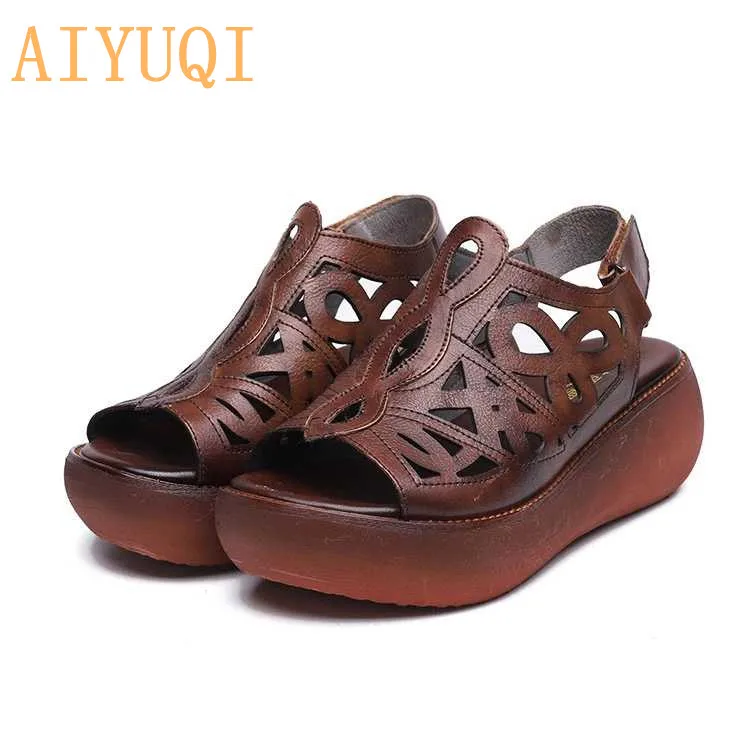 brown AIYUQI/женские сандалии в стиле ретро; Новинка года; женские сандалии из натуральной кожи; летние туфли на плоской платформе; женские сандалии из натуральной воловьей кожи - Цвет: brown