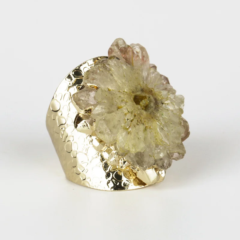 quartz yellow Чистый золотой цвет грубый сырой бледно-розовый детский геодезический кварц Кристалл Камень ломтик бисера Шарм Регулируемый Открытый чеканка кольцо манжеты для женщин - Цвет основного камня: quartz yellow