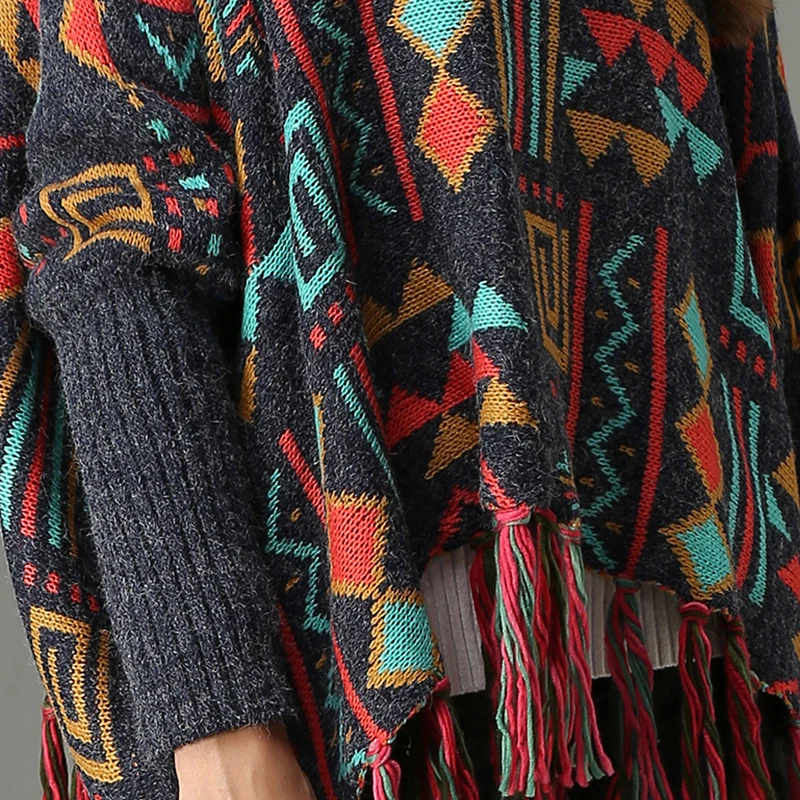 Boho вязаный свитер женский пуловер свободные зимние нерегулярные кисточки рукав "летучая мышь" этнические хлопковые винтажные цыганские свитера пуловер