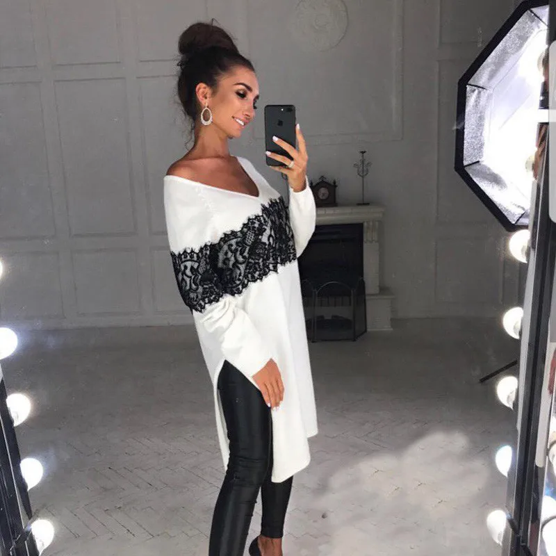 

Women's V-Neck Loose Long Sleeve Oversize Shirts Lace Shirts