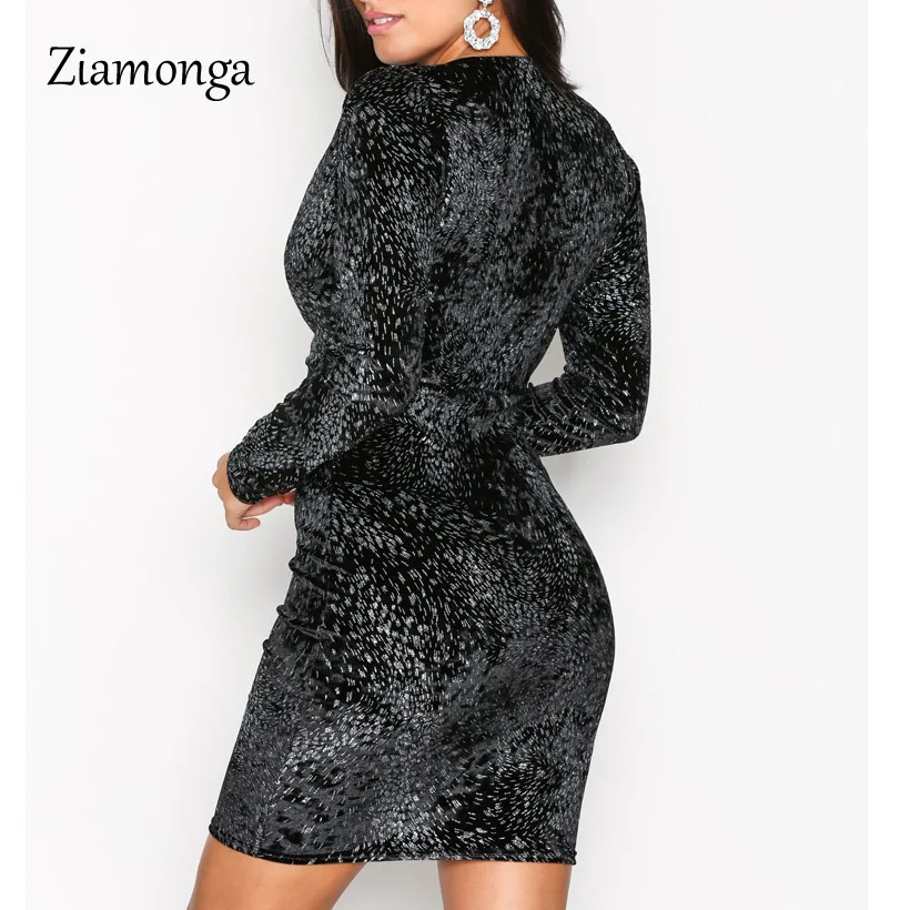 Ziamonga с длинным рукавом Осень Для женщин Ruched платье повязки глубоким v- | Женская