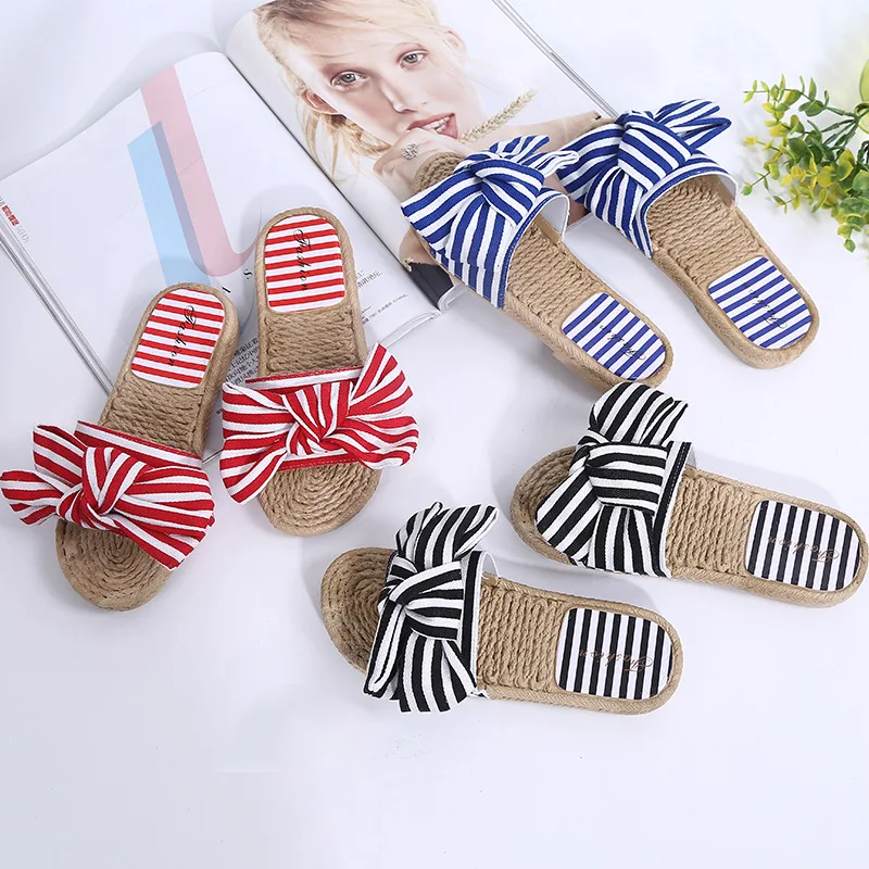 Butterfly-knot Striped Summer Flat Slides Women Open Toe Outside Slippers Leisure Ladies Shoes | Обувь