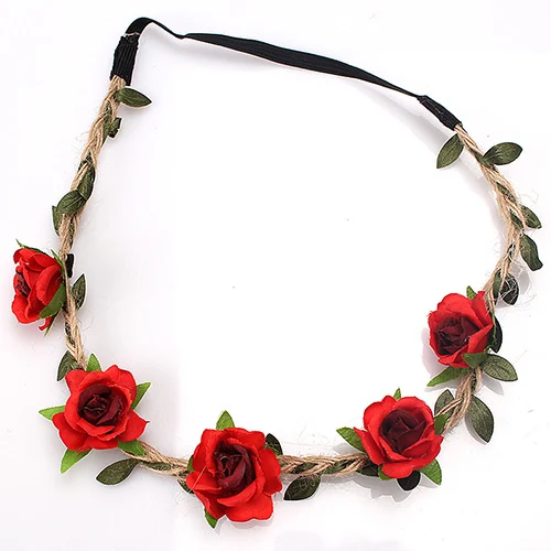 red M MISM Boho Floral Headband For Women Hair Accessories New Wreath Headbands Kids Girls Rose Flowers Hair Bands Garland - Цвет: red