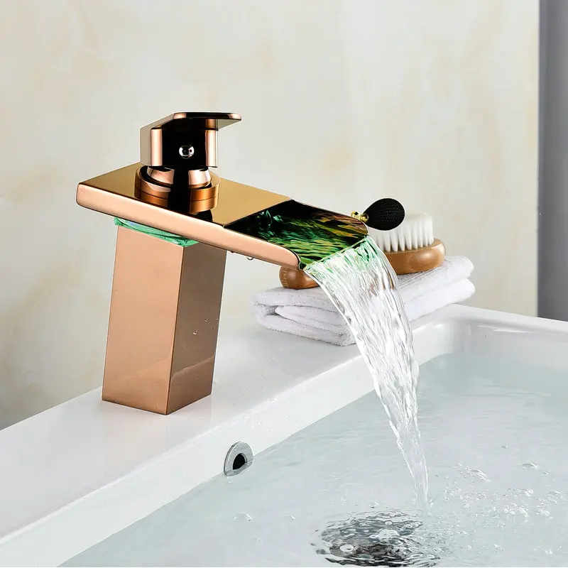 rose gold Черный воды питание светодиодный кран Ванная комната смеситель латунь смесителя Водопад смесители горячая холодная кран бассейна Нажмите - Цвет: rose gold