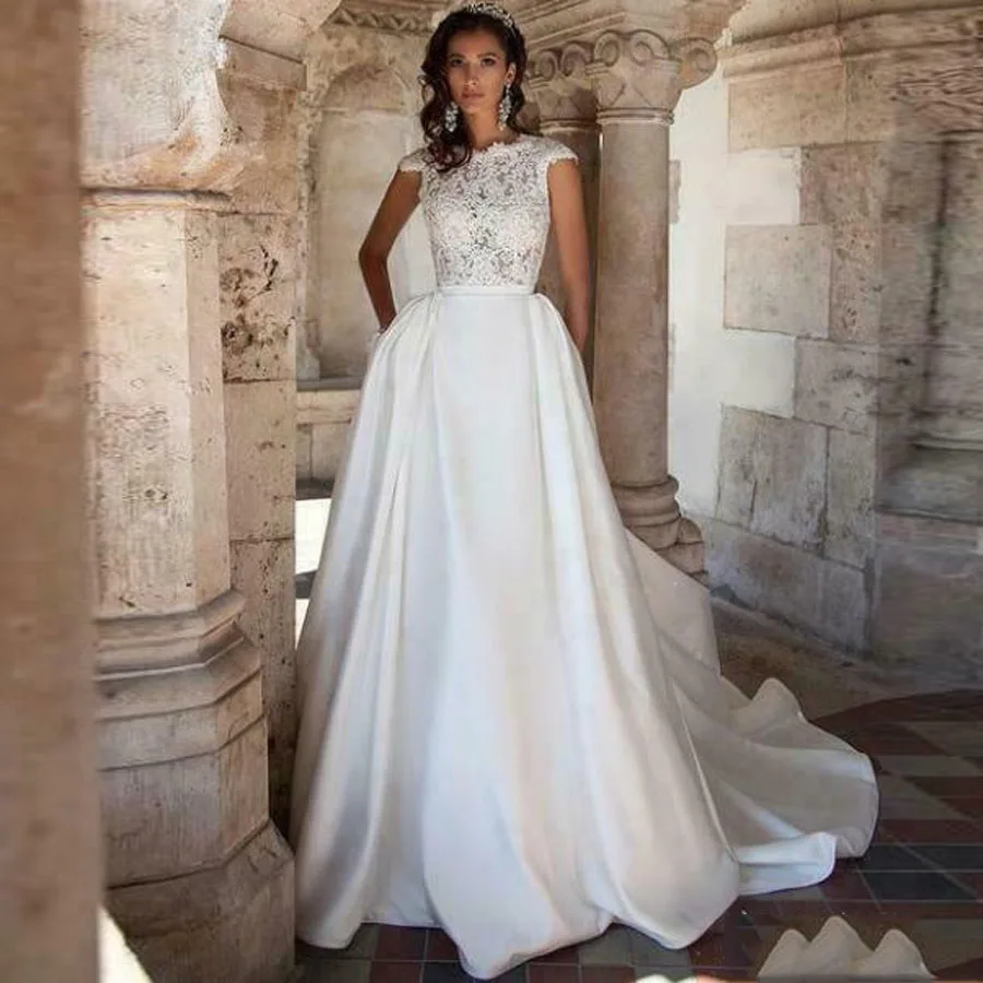 Атласные свадебные платья A Line Vestido De Noiva кружевные аппликации без рукавов с