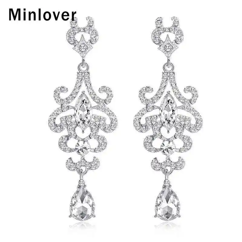 Minlover Стразы Серебряный цвет люстра свадебные серьги-капли для женщин Свадебные