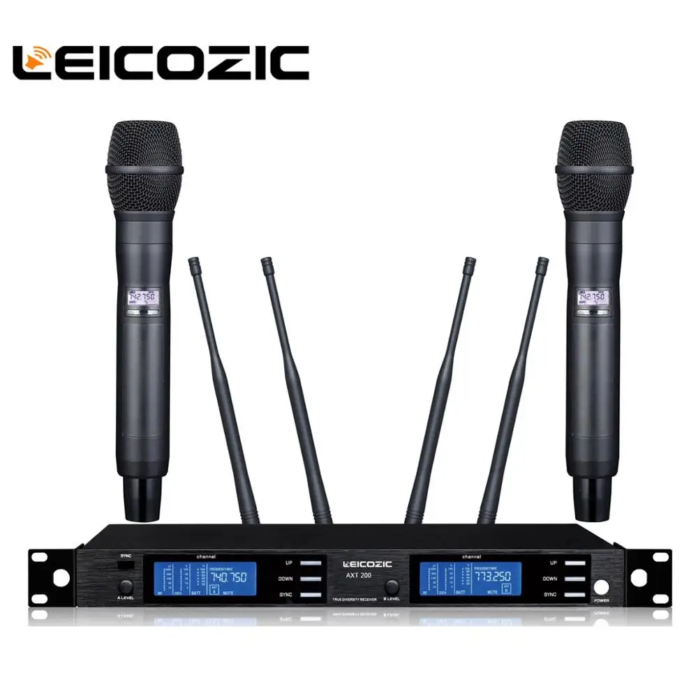 Leicozic Профессиональный UHF Беспроводной сценический микрофон, микрофонная система, два канала, истинное разнообразие, приемник, 2 ручных микрофона, светодиодный дисплей - Цвет: 2Handheld Mic