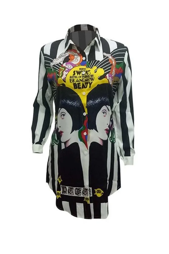 Женское прямое платье-рубашка длинное платье в полоску с принтом стиле хип-хоп