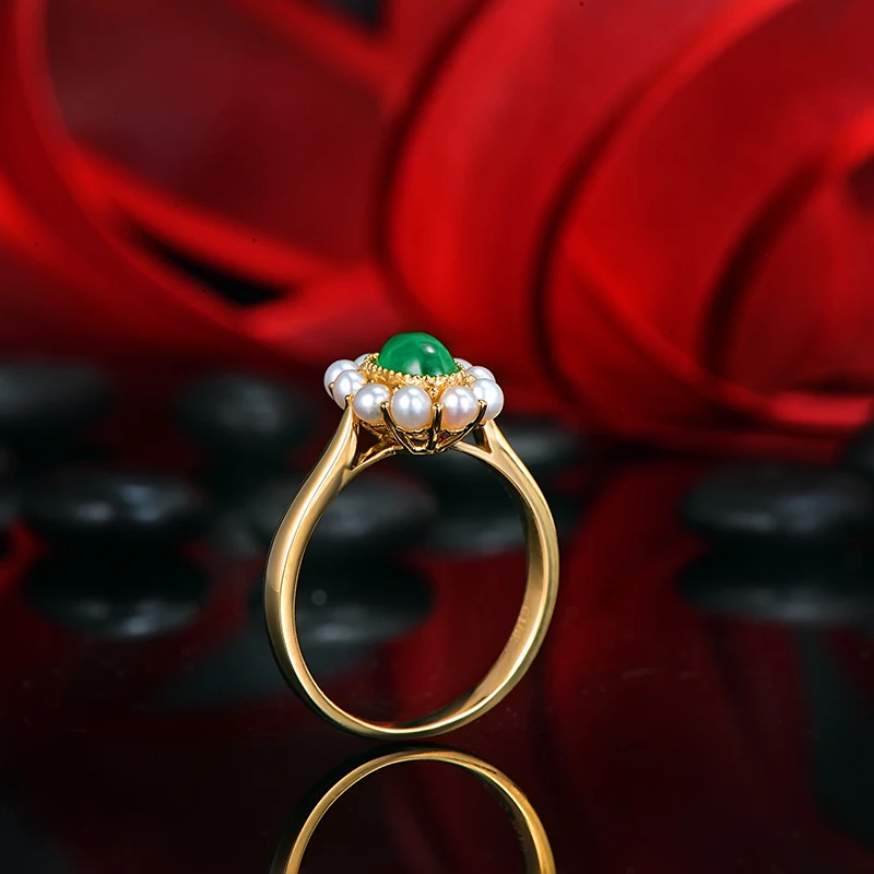 14 к желтое золото 0.48ct натуральный изумруд и жемчуг Винтаж Milgrain обручальное кольцо