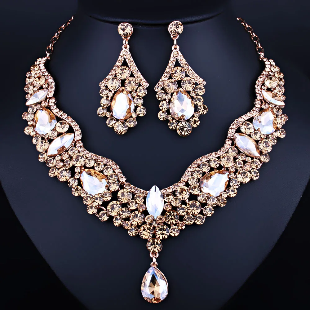Модные ювелирные изделия Изысканные кристаллы стразы капли ожерелье и серьги