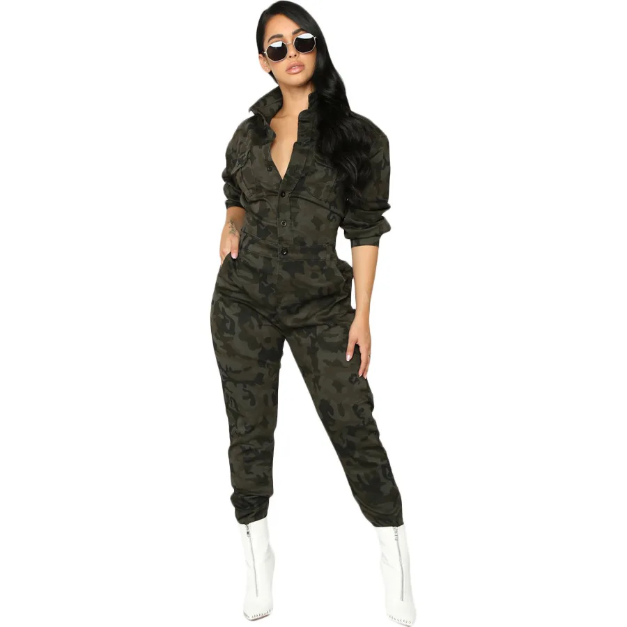 Camouflage Весенние и осенние повседневные женские брюки с отворотом пряжкой с карманом на молнии камуфляж прямой комбинезон с завышенной талией - Цвет: Camouflage