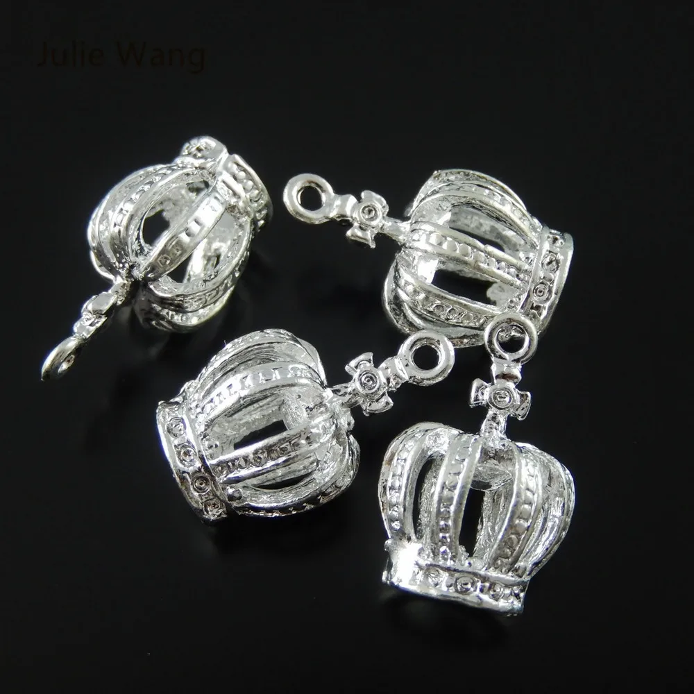 Julie Wang, 5 шт., амулеты, сплав, яркое посеребренное покрытие, полые, 3D форма короны, Шарм для браслета, подвеска, аксессуары для изготовления ювелирных изделий