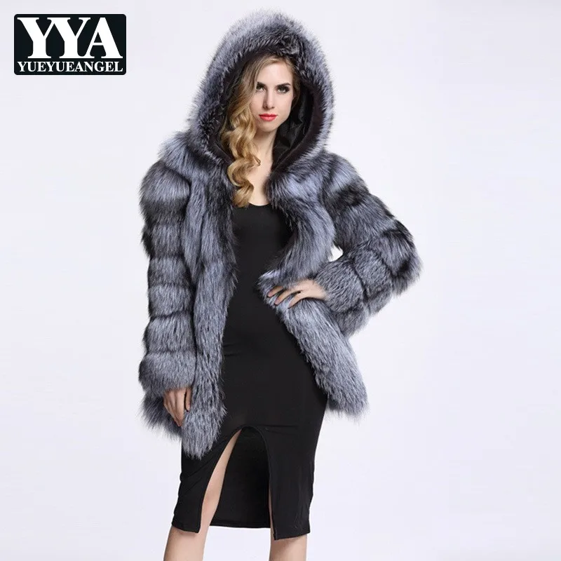 Зимняя женская шуба из искусственного лисьего меха теплая с длинным рукавом