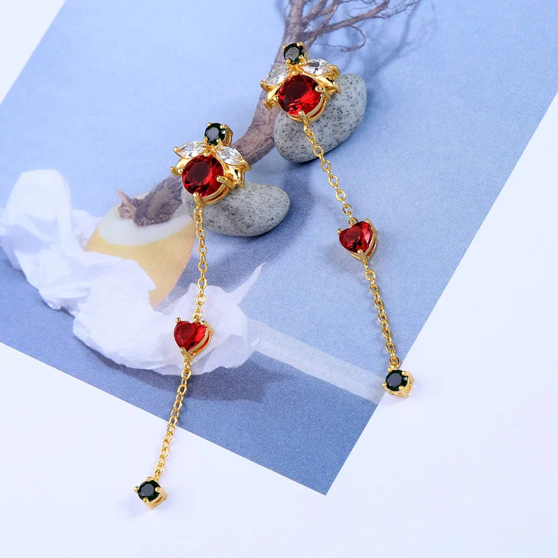 Элегантные красные стразы длинные серьги-подвески с горным хрусталем в виде