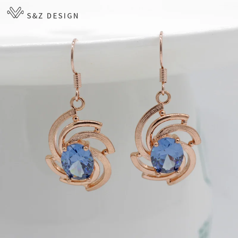 S&ampZ New Spiral 585 Rose Gold Color AAA Cubic Zirconia Earrings Hook Korean For Women Fashion Jewelry Anti-allergy Eardrop | Украшения и