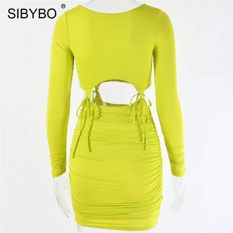 Sibybo, выдалбливают, шнурок, мини, сексуальное, женское платье, длинный рукав, плиссированные, Осенние, вечерние, одноцветные, пляжные, женские, повседневные платья