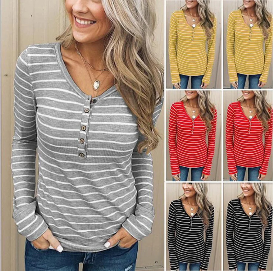 

2019 Spring New Women's Shirt European & American Style Long-sleeved Striped T-shirt Women Casual Undercoat Shirt Multi-colors
