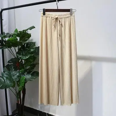 Light Beige Корейские шелковые плиссированные женские брюки длиной до щиколотки с высокой талией, весна и лето, женские широкие брюки с высокой талией - Цвет: Light Beige