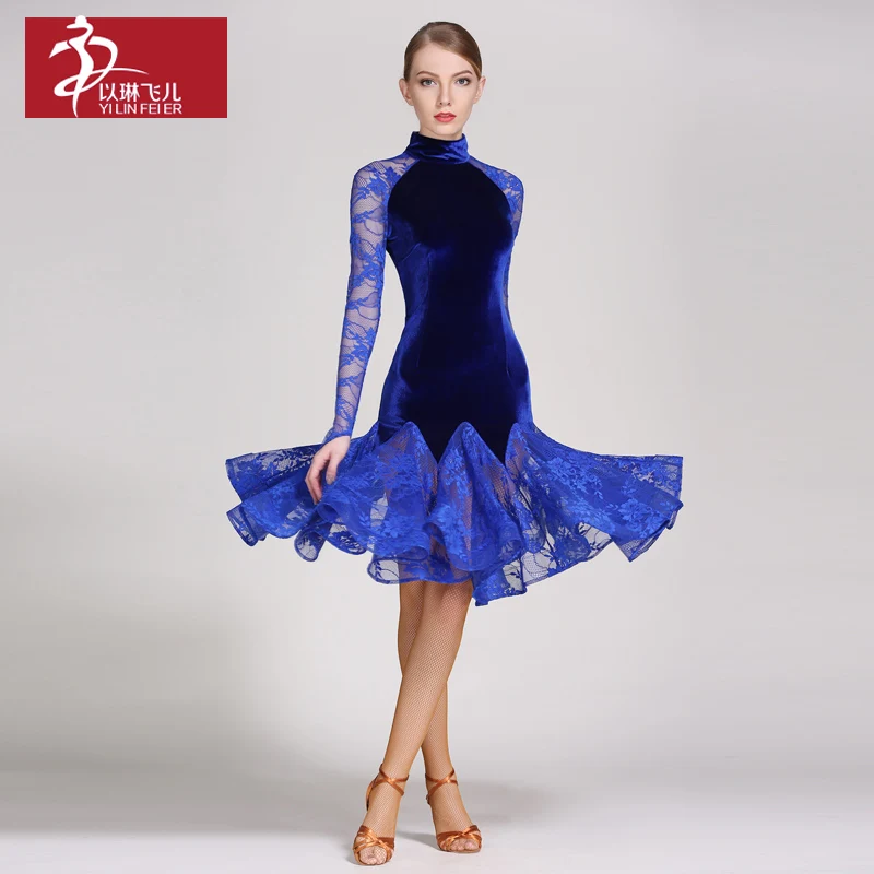 Бархатный лиф с длинными кружевными рукавами современное танцевальное платье
