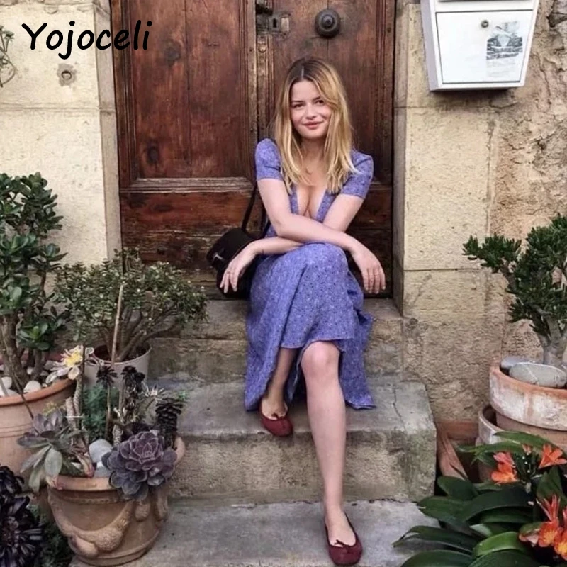 Yojoceli 2018 Новое весеннее летнее платье с вишневым принтом женское v-образным