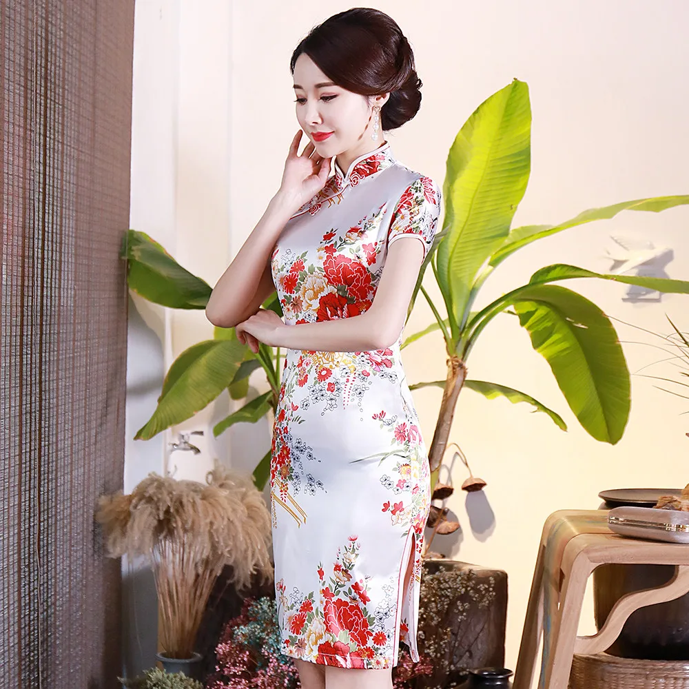

Female Satin White Elegant Slim Cheongsam Vintage Chinese Style Dress Gown Plus Size Print Flower Short Qipao 3XL-6XL Vestidso