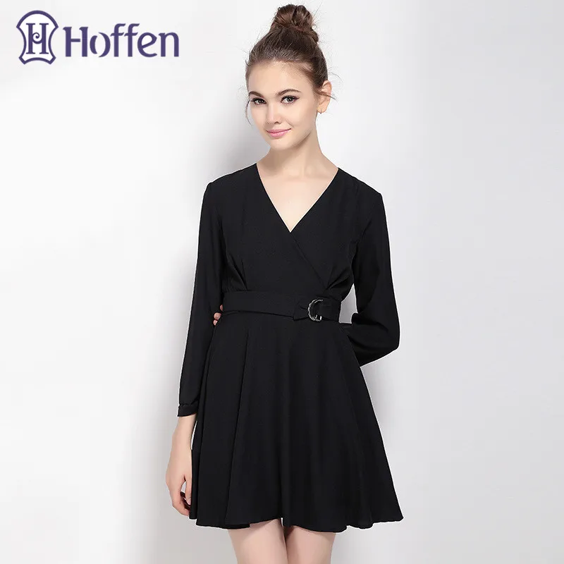 Женское платье с высокой талией V образным вырезом и длинным рукавом|mini dress|women